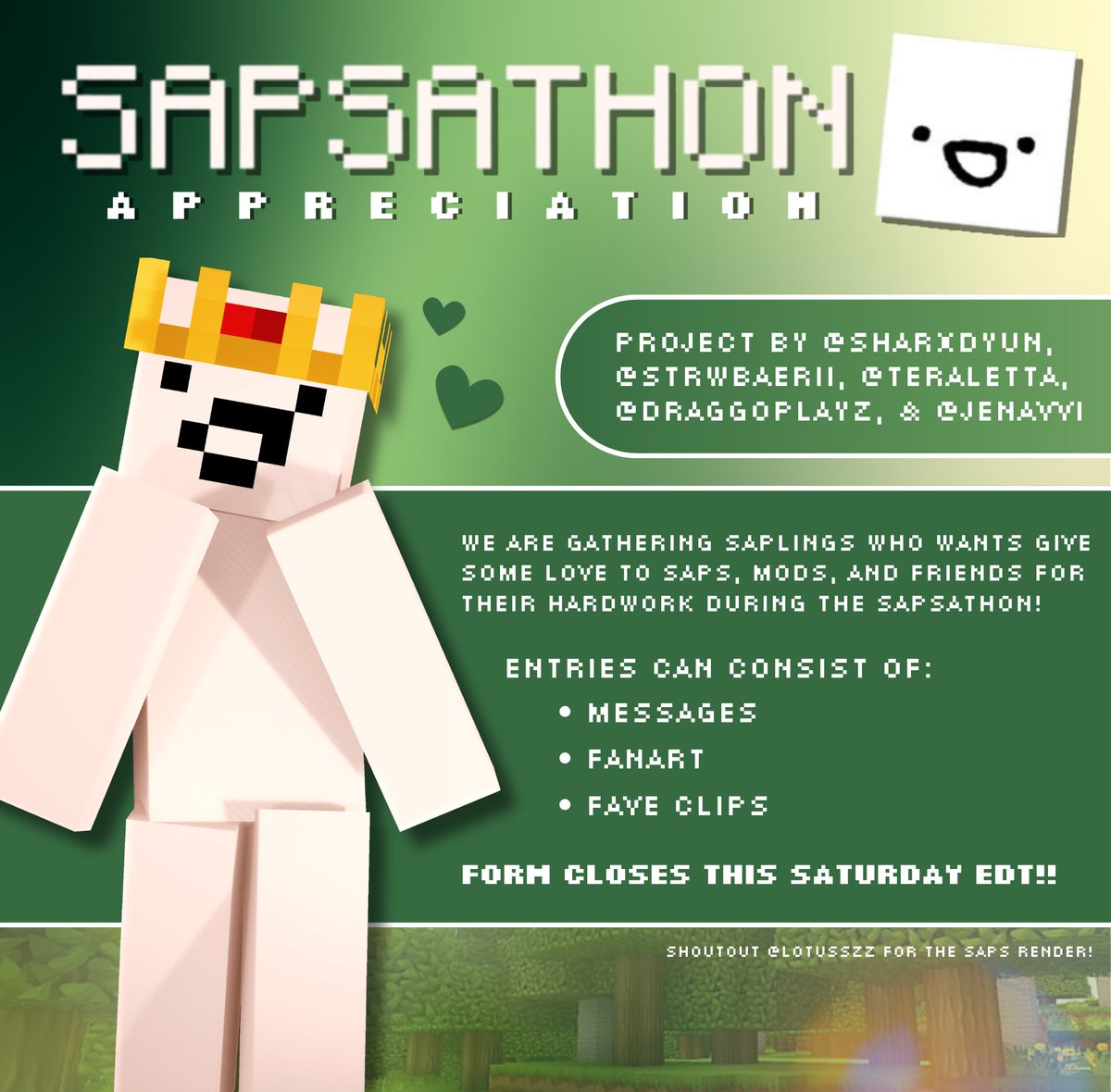 strwbaerii's tweet photo. heya, saplings!

me and oomfs are hosting a project for saps and everyone involved with the subathon. if you would like to send some love and appreciation, submit them here!

🌱 https://t.co/bcAVLgE6t9

submission deadline is on sept 19, sat (edt)

#sapsathon2026 #saparata https://t.co/xoPKInj1qx