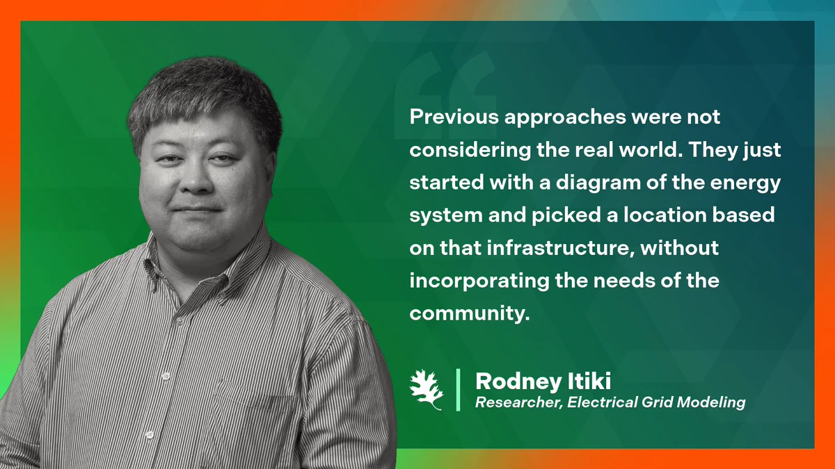 A portrait of Rodney Itiki, an ORNL researcher specializing in electrical grid modeling. Text reads "Previous approaches were not considering the real world. They just started with a diagram of the energy system and picked a location based on that infrastructure, without incorporating the needs of the community."
