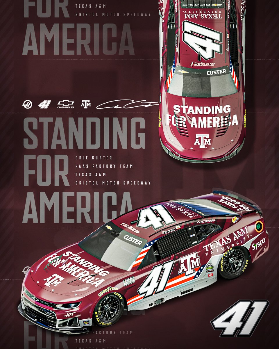 HaasFactoryTeam's tweet photo. Standing together for something bigger than ourselves. 🇺🇸

Teamwork. Leadership. Service. Purpose.

Texas A&amp;M University and Haas Factory Team bring those shared values to Bristol with Cole Custer and the No. 41 Chevrolet. Standing for America. 👍

@TAMU | #NASCAR | @ColeCuster https://t.co/3diX4uVk6T