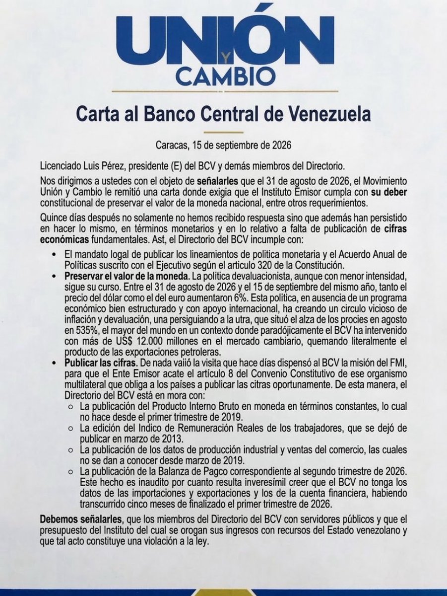 unionycambio_ve's tweet photo. 🗓️A dos semanas de haber entregado la carta en el Banco Central de Venezuela. 

Reiteramos nuestra exigencia de transparencia. 
@JoseAGuerra https://t.co/7fkFi9ZpNk