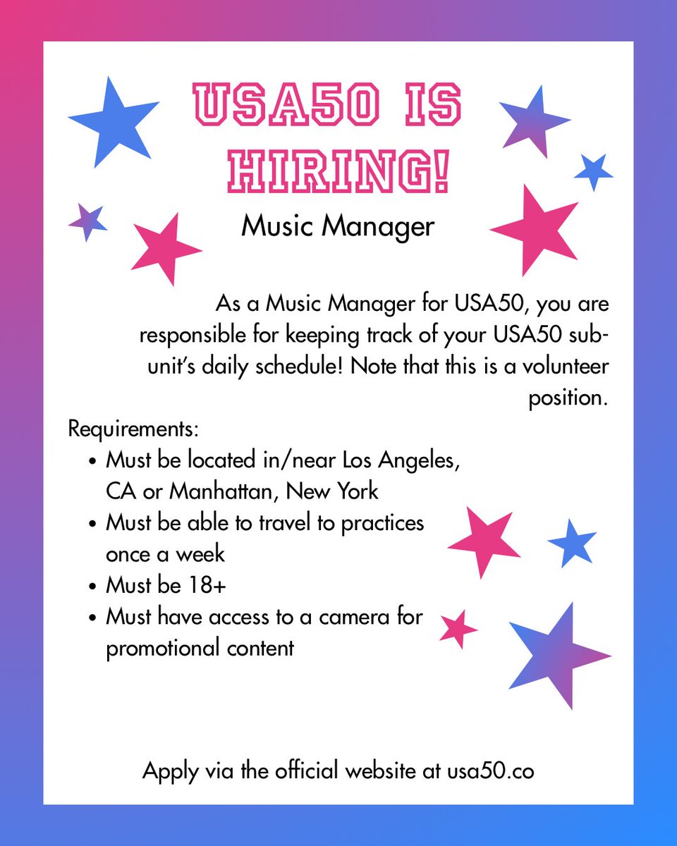 USA50Official's tweet photo. 【 VOLUNTEER OPPORTUNITY 】
-`♡´- ================= -`♡´-
USA50 is looking for music managers! Please read over the job posting above and visit https://t.co/IxogPdSl2T to apply!

Interested in another role? Visit our website for more volunteer opportunities. https://t.co/ZaWAARpmHN