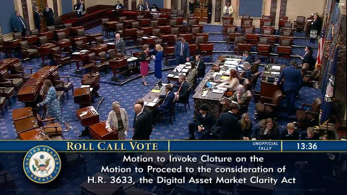 Cointelegraph's tweet photo. 🚨 BREAKING: The CLARITY Act fails to secure the 60 votes needed to advance in the US Senate. https://t.co/df0y9FxRWk