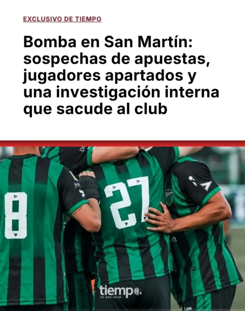 Porquettargasce's tweet photo. "Apuestas"

Porque alrededor de diez futbolistas de San Martín de San Juan estarían bajo sospecha por presuntas maniobras vinculadas a apuestas deportivas, con especial atención puesta en partidos de Reserva. 

✍️ @tiempodesanjuan https://t.co/LOsmDlj9rW