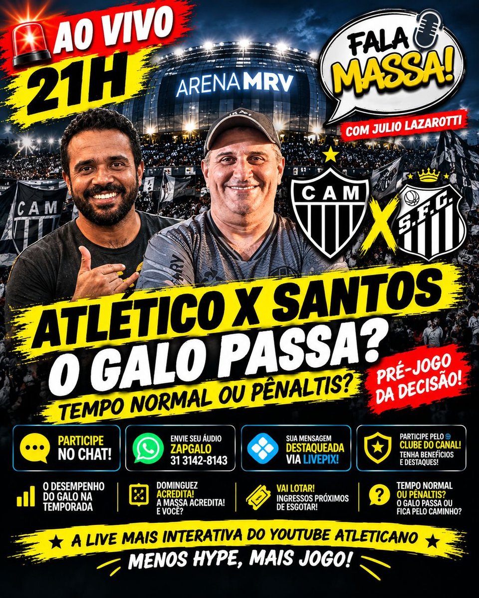 ArqdoGalo's tweet photo. 🔥 ATLÉTICO X SANTOS: O GALO PASSA?

WILDER E JULIÃO AO VIVO NO FALA MASSA, ÀS 21H!

🏟 CASA CHEIA?
⏱ TEMPO NORMAL OU PÊNALTIS?
❓ CLASSIFICA OU FICA PELO CAMINHO?

🕘 21h
🔗 https://t.co/cdCiibYouq

#Atlético #Galo #AtléticoXSantos #FalaMassa #MassaAtleticana https://t.co/095BHkhpKa