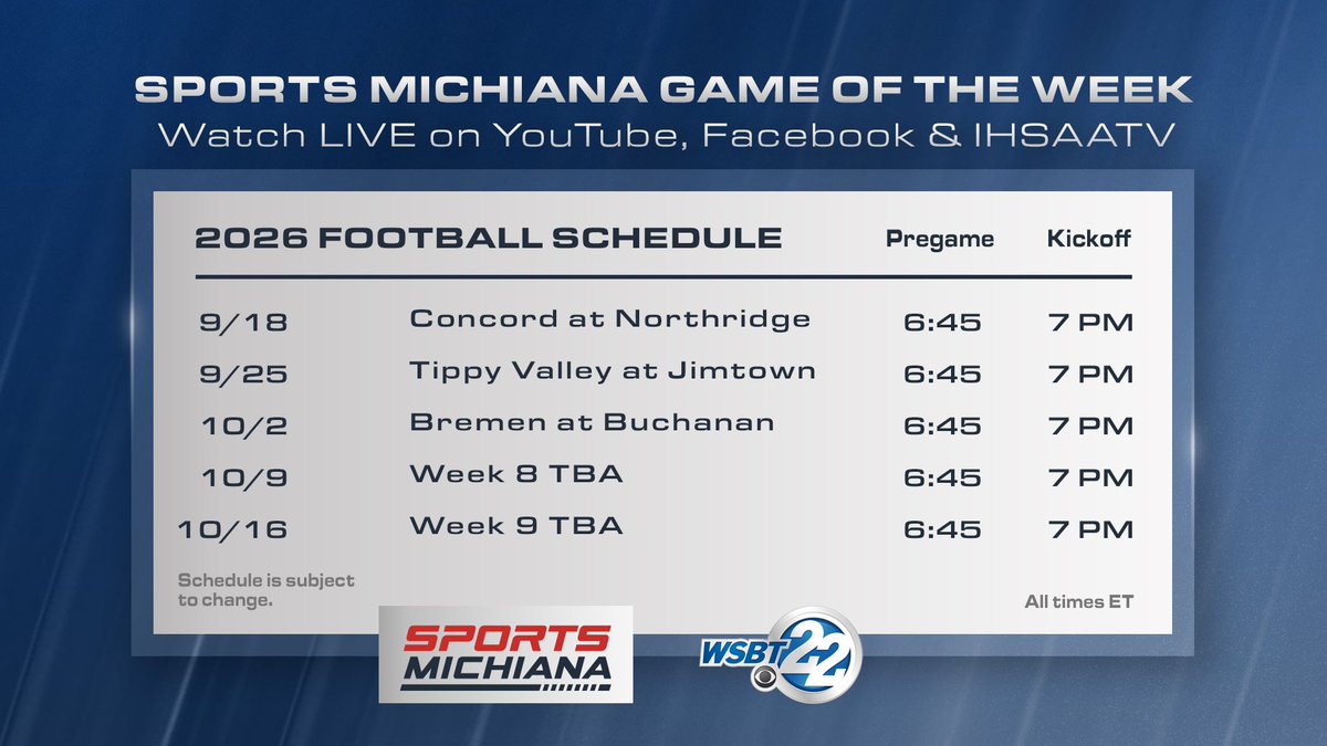 angdicarlo's tweet photo. Here’s our Sports Michiana Game of the Week schedule through October 2nd!

9/18 Concord at Northridge
9/25 Tippy Valley at Jimtown
10/02 Bremen at Buchanan

All 3 games will be broadcast on our Sports Michiana YouTube &amp; Facebook, WSBT's YouTube &amp; Facebook and IHSAATV. https://t.co/LGFFGoXCVx