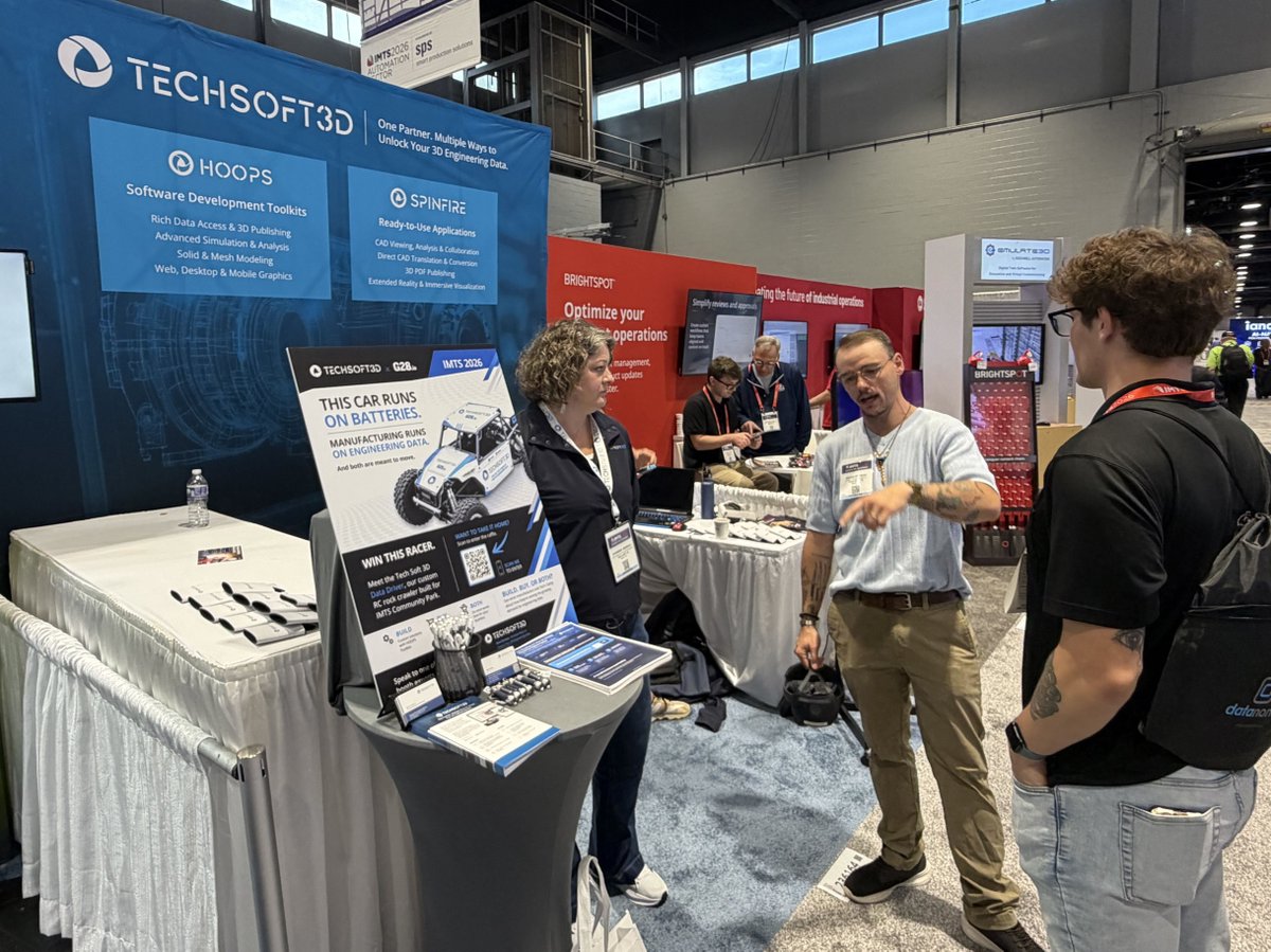 TechSoft3D's tweet photo. Day Two of IMTS 2026 is off to a strong start!

Join us at Booth 236164 where we're talking build, buy, and hybrid approaches to 3D engineering data, from our HOOPS SDKs to ready-to-use SpinFire applications.

#IMTS2026 https://t.co/KAI99CeGPz