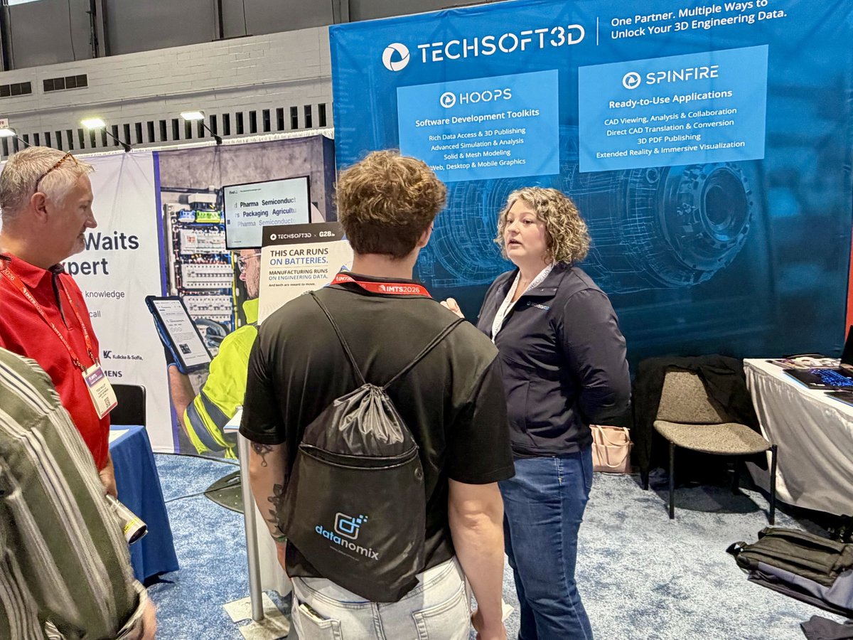 TechSoft3D's tweet photo. Day Two of IMTS 2026 is off to a strong start!

Join us at Booth 236164 where we're talking build, buy, and hybrid approaches to 3D engineering data, from our HOOPS SDKs to ready-to-use SpinFire applications.

#IMTS2026 https://t.co/KAI99CeGPz