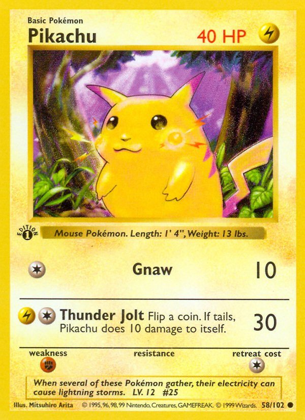 ripsterhq's tweet photo. What is your favorite card of all time? Mine is Pikachu, Base Set, 1st Edition, 1999.

Early copies came in two cheek colors, yellow and red, from the same print run.

PSA 10: $5,257 for yellow cheeks, $18,687 for red (PriceCharting, Sept 15). ⚡

Drop your favorite below 👇 https://t.co/Wl9SPqRWho