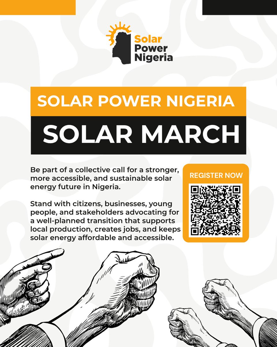 Vote4ClimateNG's tweet photo. We’re marching for Solar Power Nigeria! 🇳🇬

Join citizens, businesses, young people & stakeholders calling for a well-planned transition that supports local production, creates jobs and keeps solar affordable and accessible.

https://t.co/HIrw4ltttr

Register now. Join the march.

#SolarPowerNigeria #SolarMarch #EnergyAccess #Nigeria