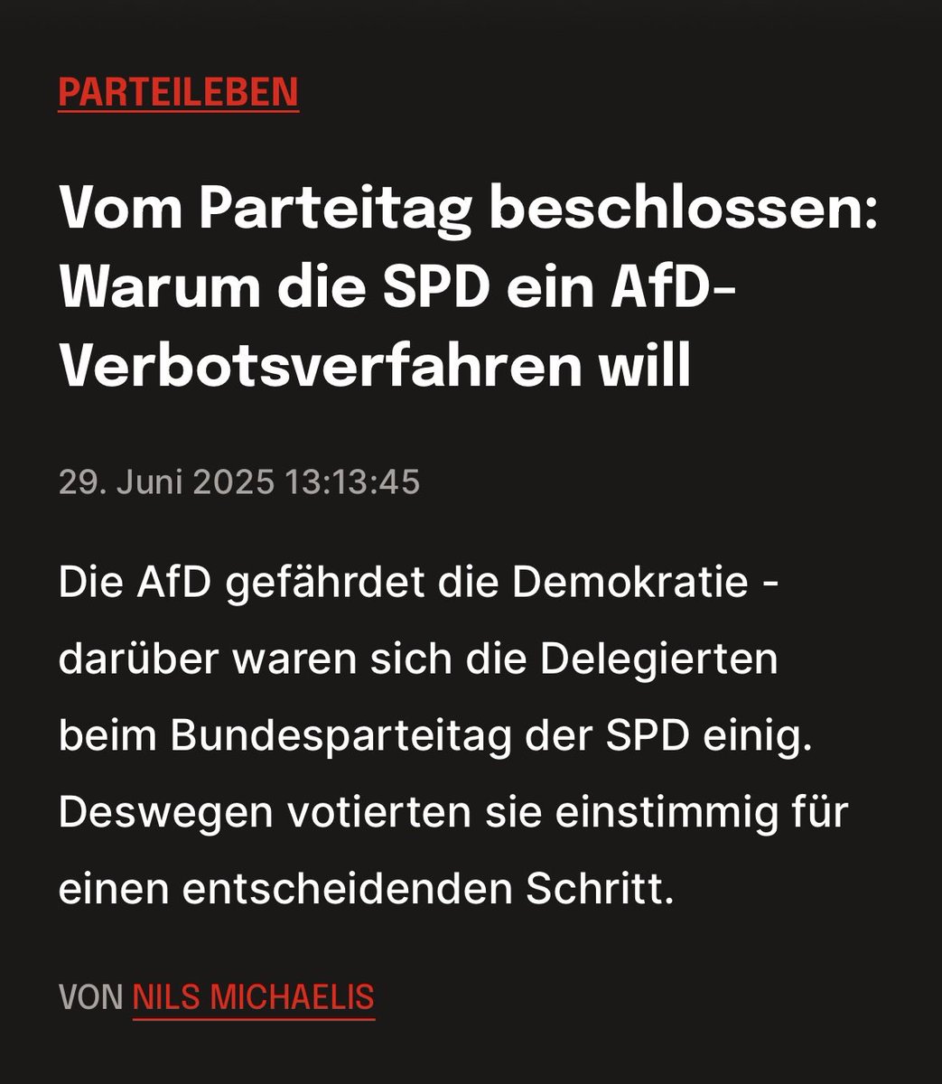 markus_bublitz's tweet photo. In welcher Welt lebt @CNathusius ? 
Es gibt einen Parteitagsbeschluss der Grünen für einen überparteilichen Verbotsantrag aus dem Juni 2024, es gibt eine erneute Forderung aus dem Juni 2026, es gibt den FAZ Meinungsbeitrag von @cem_oezdemir und Boris Pistorius. 
Es gibt einen Parteitagsbeschluss der Linken aus dem Jahr 2024, eine erneute Bekräftigung des Bundesparteitags aus dem Jahr 2026 und ein klares Statement für einen Verbotsantrag der Parteivorsitzenden. 
Und es gibt einen einstimmigen SPD Parteitagsbeschluss für die Vorbereitung eines Verbotsverfahrens und die Einleitung der Antragsvoraussetzung aller antragsberechtigten Verfassungsorgane. 

Alle drei Parteien wären aber in allen drei antragsberechtigten Verfassungsorgane aufgrund der Mehrheitsverhältnisse auf Stimmen der Union angewiesen.  

Es ist eine Legende, dass die drei Mitte/Links Parteien zögern, weil die Brandmauer ihnen hilft. Was sie wollen sind Stimmen aus der Union, auch, um eine noch tiefere Spaltung der Gesellschaft zu vermeiden. 

Und die Union… 
Naja, was weißt du ja selbst.