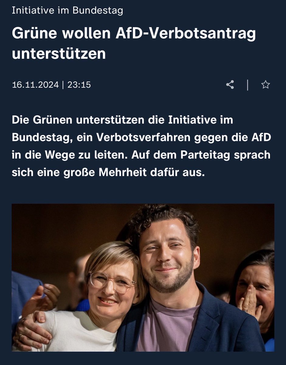 markus_bublitz's tweet photo. In welcher Welt lebt @CNathusius ? 
Es gibt einen Parteitagsbeschluss der Grünen für einen überparteilichen Verbotsantrag aus dem Juni 2024, es gibt eine erneute Forderung aus dem Juni 2026, es gibt den FAZ Meinungsbeitrag von @cem_oezdemir und Boris Pistorius. 
Es gibt einen Parteitagsbeschluss der Linken aus dem Jahr 2024, eine erneute Bekräftigung des Bundesparteitags aus dem Jahr 2026 und ein klares Statement für einen Verbotsantrag der Parteivorsitzenden. 
Und es gibt einen einstimmigen SPD Parteitagsbeschluss für die Vorbereitung eines Verbotsverfahrens und die Einleitung der Antragsvoraussetzung aller antragsberechtigten Verfassungsorgane. 

Alle drei Parteien wären aber in allen drei antragsberechtigten Verfassungsorgane aufgrund der Mehrheitsverhältnisse auf Stimmen der Union angewiesen.  

Es ist eine Legende, dass die drei Mitte/Links Parteien zögern, weil die Brandmauer ihnen hilft. Was sie wollen sind Stimmen aus der Union, auch, um eine noch tiefere Spaltung der Gesellschaft zu vermeiden. 

Und die Union… 
Naja, was weißt du ja selbst.