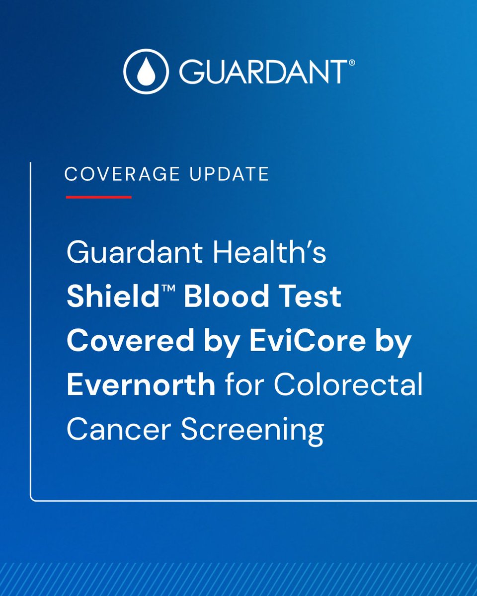 GuardantHealth's tweet photo. #Coverage for the Shield™ blood test for #ColorectalCancer screening continues to expand.
 
Starting January 1, 2027, @evicorehc —the second-largest national medical benefit manager in the U.S.—will cover Shield for eligible policyholders, bringing Shield coverage to approximately 94 million Americans ages 45 and older.

Details: https://t.co/w9shWusiBU