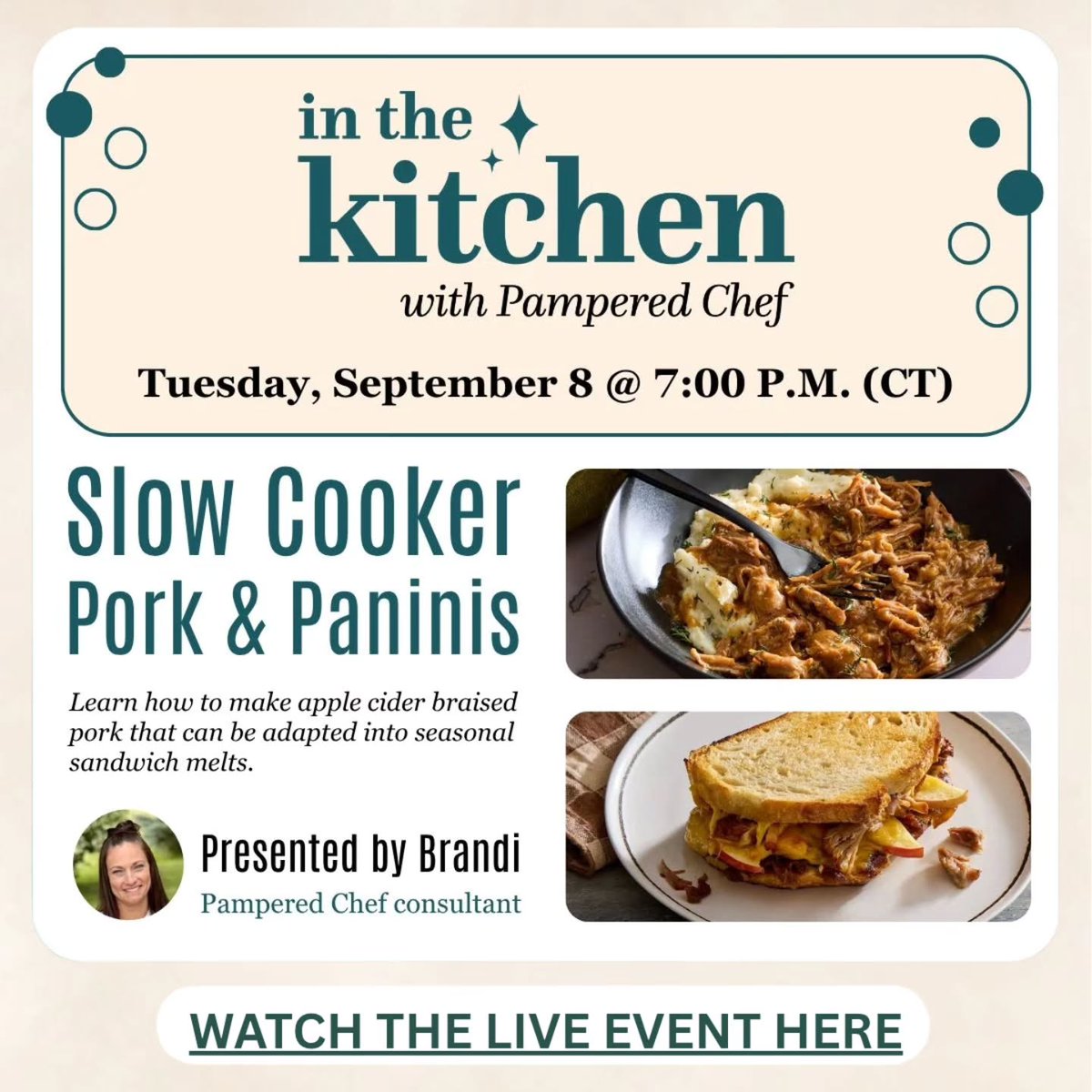 AlthaEichofd's tweet photo. IN THE KITCHEN WITH PAMPERED CHEF

Slow-cooker pork and paninis. Learn to make apple cider–braised pork and turn it into seasonal sandwich melts. Tonight at 7 PM CST. https://t.co/p0FBujs6Mf