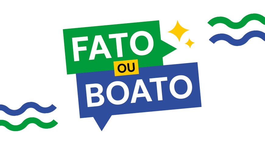 Arte gráfica com dois balões de fala sobrepostos: o de cima verde com a palavra “FATO” e o de baixo azul com “BOATO”, ligados por um pequeno retângulo amarelo com “OU”. Decoram o fundo linhas onduladas verdes e azuis e dois brilhos amarelos. Fundo branco.