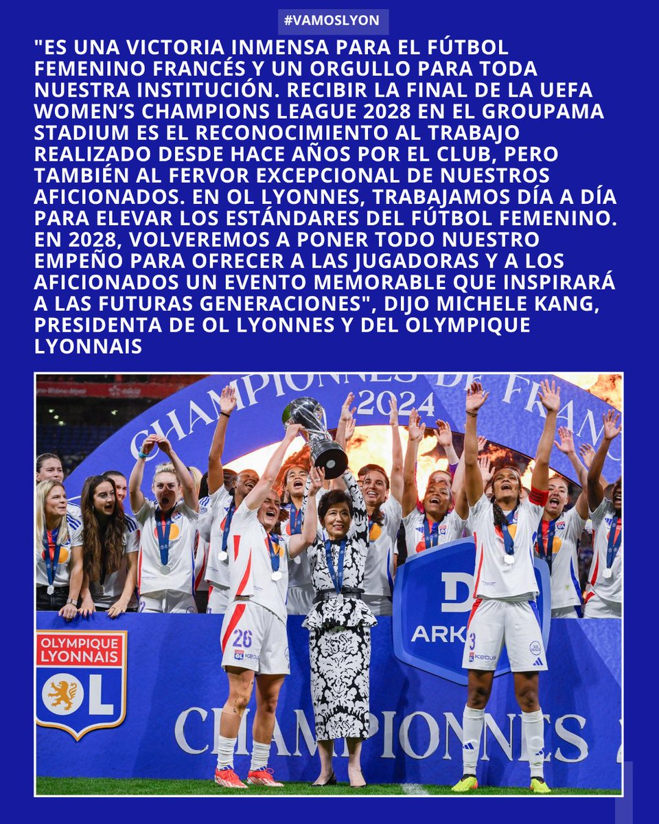 VamosLyon_'s tweet photo. Michele Kang sobre la designación del Groupama Stadium como sede de la final de la UEFA Women's Champions League 2028. 🦁❤️💙
#UWCLFinal https://t.co/8nkmPAKvAI