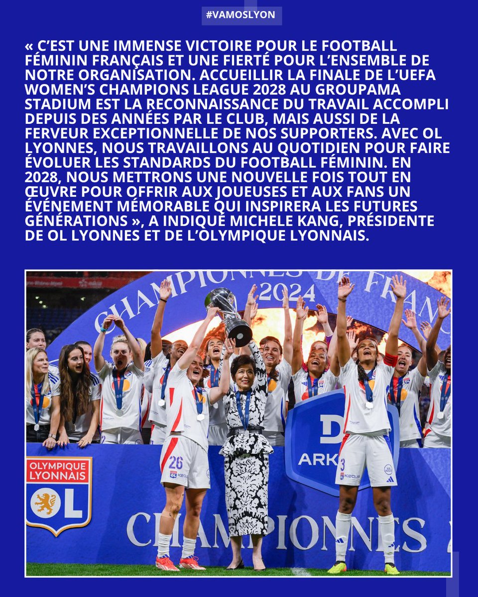 VamosLyon_'s tweet photo. Michele Kang sobre la designación del Groupama Stadium como sede de la final de la UEFA Women's Champions League 2028. 🦁❤️💙
#UWCLFinal https://t.co/8nkmPAKvAI