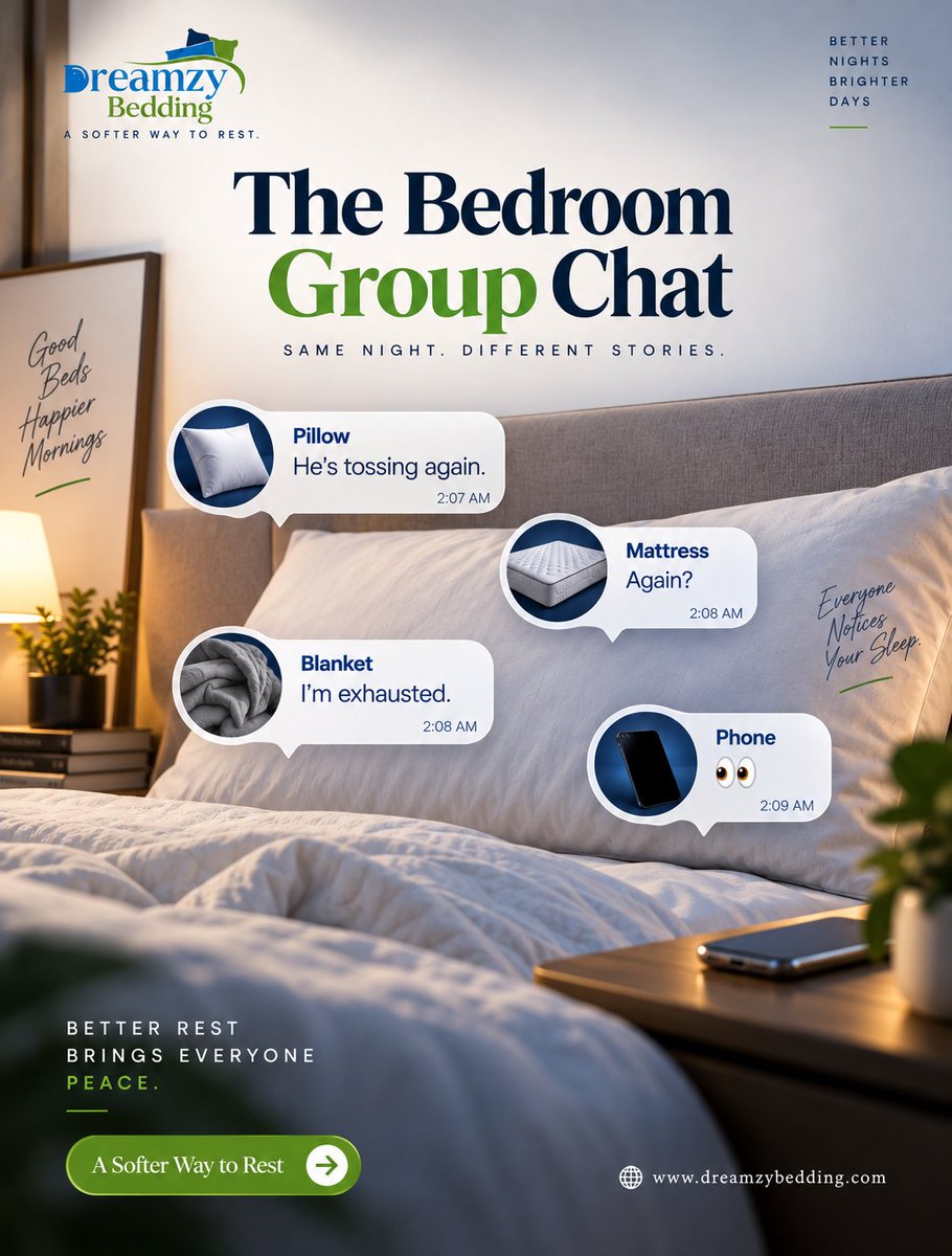 dreamzybedding's tweet photo. The bedroom group chat has spoken. 👀

Pillow: “He’s tossing again.”
Mattress: “Again?”
Blanket: “I’m exhausted.”
Maybe your comfort needs an upgrade.
#DreamzyBedding #BetterSleep #SleepComfort https://t.co/dtYHQJI8d1