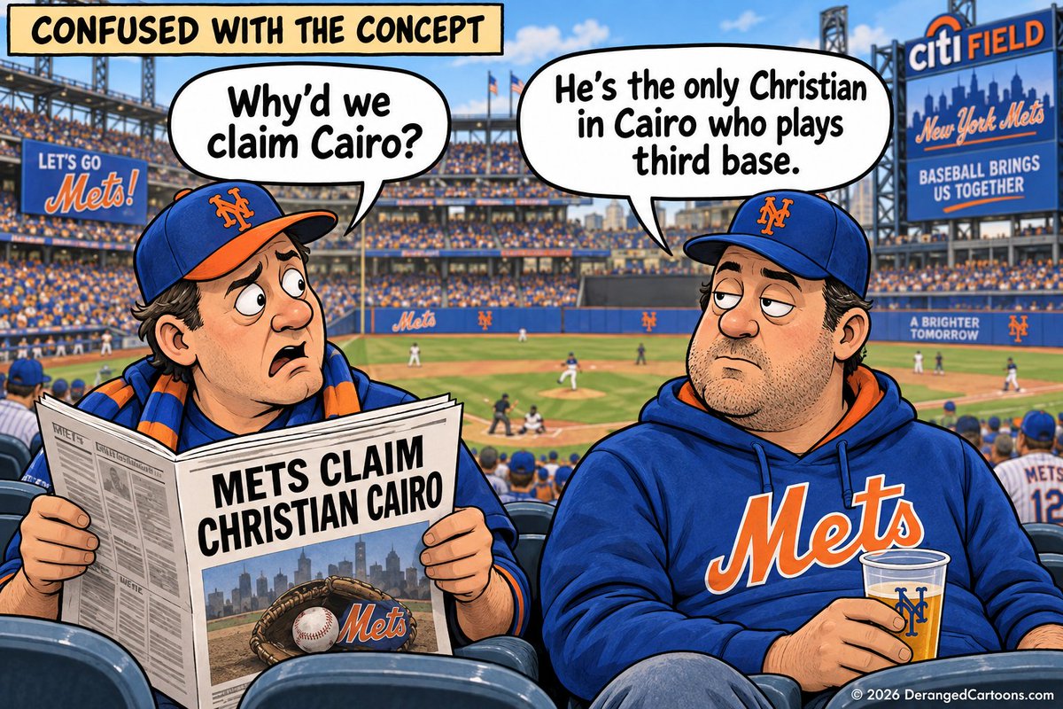 PaulWooten's tweet photo. Mets claim Christian Cairo. Geography department demands answers. ⚾🤣

#Mets #LGM #DerangedCartoons https://t.co/oyMxnhKWJf