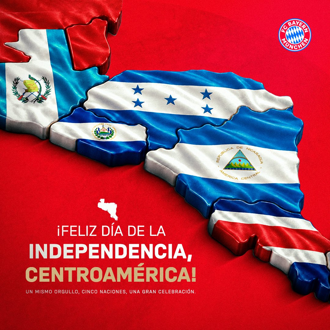 FCBayernES's tweet photo. Cinco naciones. Un grito de Independencia ❤️🤍

¡Feliz Día de la Independencia para Costa Rica, El Salvador, Guatemala, Honduras y Nicaragua! 🇨🇷🇸🇻🇬🇹🇭🇳🇳🇮 https://t.co/HU7HG7wpPs
