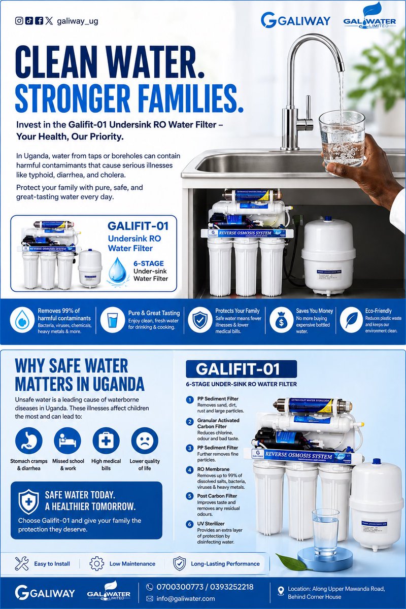 galiway_ug's tweet photo. In Uganda, the quality of water you drink matters. Protect your family with the Galifit-01 6-Stage Undersink RO Water Filter for clean, safe and great-tasting water every day.
Choose safe water. Choose Galiway.
📞 0700 300 773 / 0393 252 218
📍 Along Upper Mawanda Road, Behind Corner House