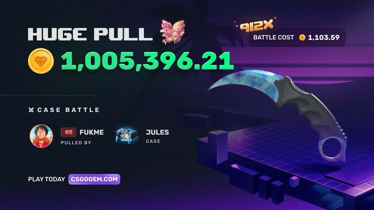CS2_Gem's tweet photo. FROM 1,103.59 TO 1,005,396.21 COINS 🤯

FUKME PULLED A KARAMBIT #387 WORTH A MILLION COINS ⁉️

THIS MIGHT BE THE CRAZIEST BATTLE WE’VE EVER SEEN! 😱

RT + LIKE + TAG A FRIEND FOR A CHANCE TO WIN 250 COINS 💜 https://t.co/LpMARztyYf