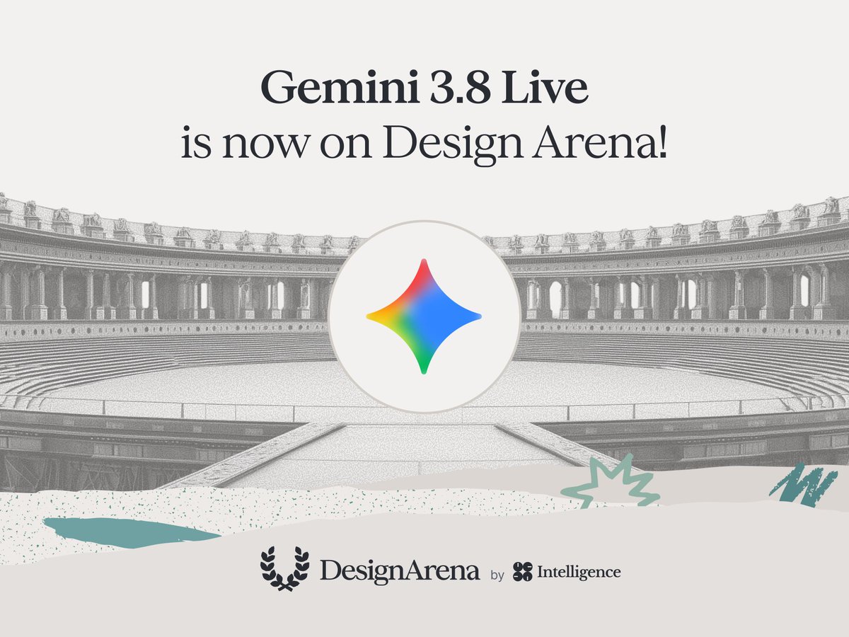DesignArena's tweet photo. Gemini 3.8 Live by @GoogleDeepMind is now available on Design Arena!

Built for more interactive and capable conversations, this model brings upgraded reasoning, near real-time visual understanding, automatic detection across 97 languages, and background tool calling.

Congrats to the @GoogleDeepMind team on the launch!