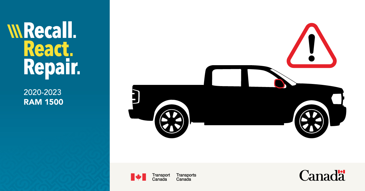 Warning symbol with the text: Recall, React, Repair. 2020-2023 RAM 1500.