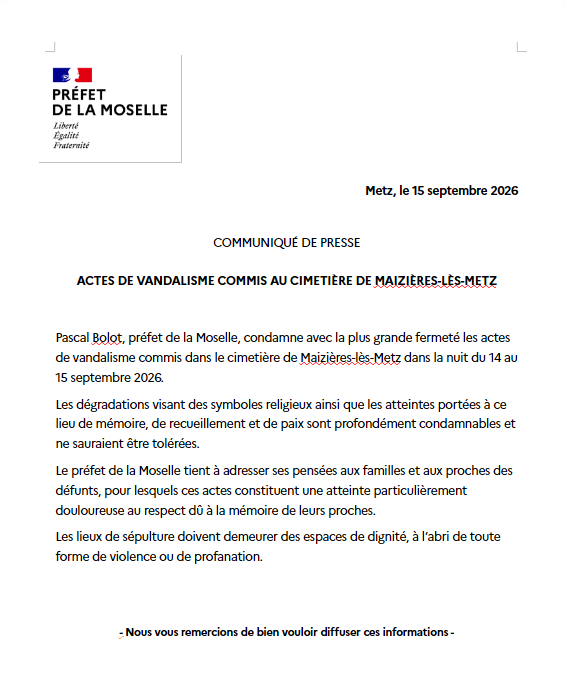 Image de Préfet de la Moselle : #Communiqué  | Pascal Bolot, préfet de la #Moselle, condamne avec la plus grande  fermeté les actes 