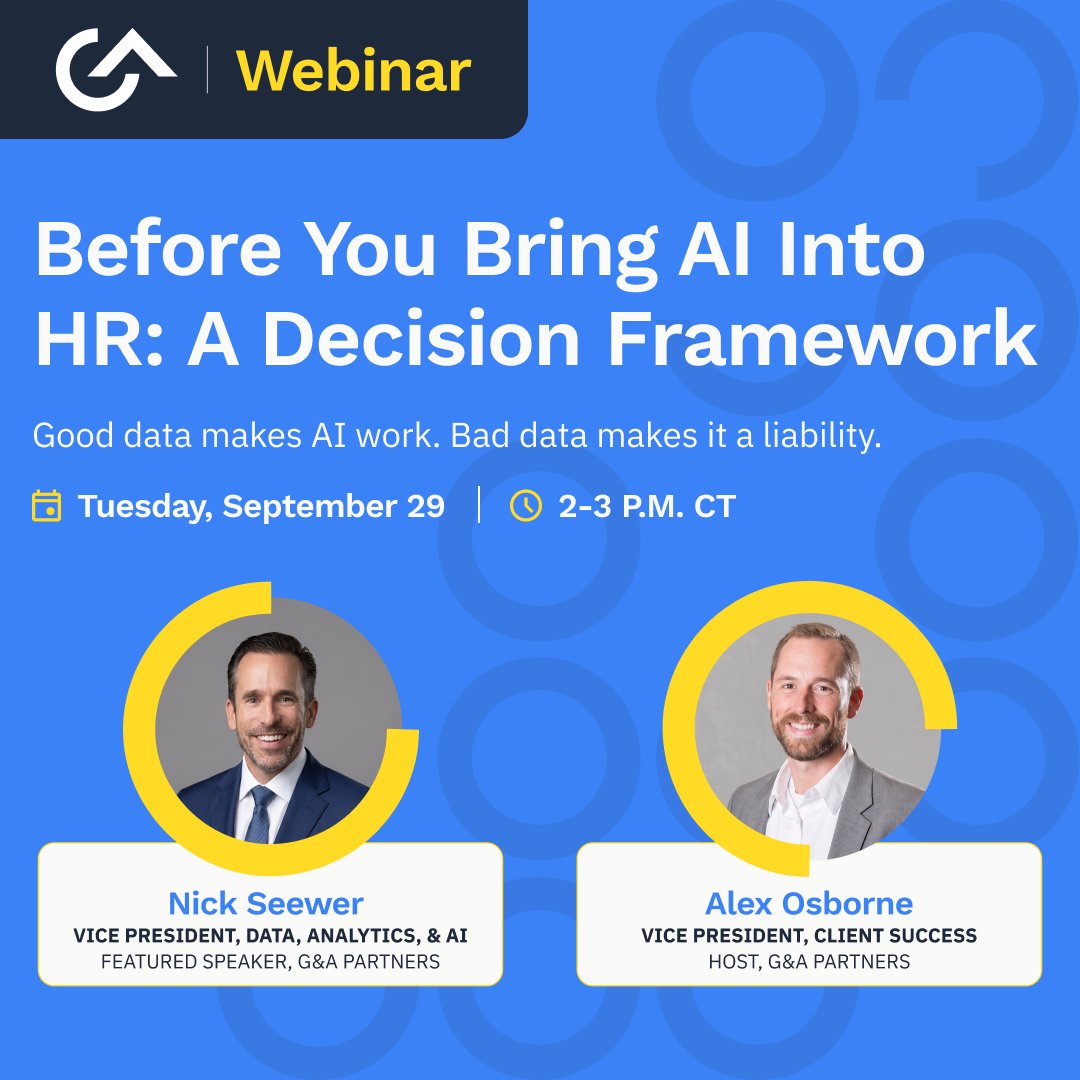GAPartners's tweet photo. You don't need another AI strategy. You need a framework to tell if your AI idea for HR is actually worth it.
 
Join G&A's AI leader Nick Seewer and head of Client Success Alex Osborne for a practical discussion on separating real AI opportunities from the hype, assessing your data's reliability and readiness, and learning how to really measure AI success in HR.
 
Register here: https://t.co/l7dj3WrQZD