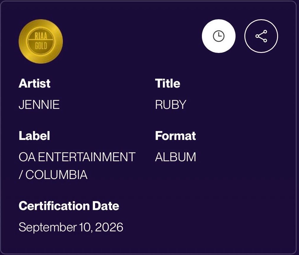 NEWSJENNlE's tweet photo. 📝260916 #JENNIE’s 'RUBY' becomes the first album by a K-Pop soloist in history to be certified RIAA Gold. https://t.co/YEDme60SrH