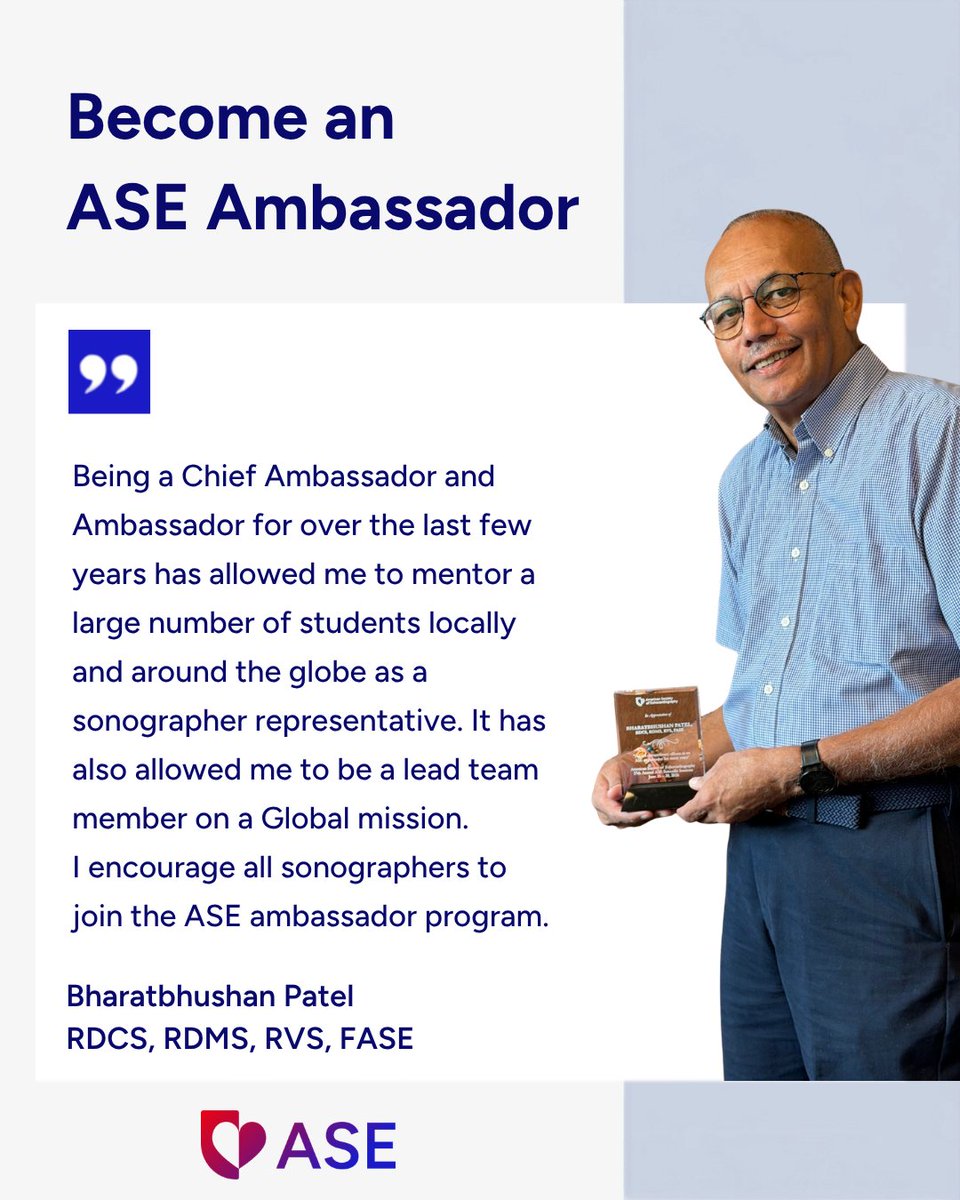 ASE360's tweet photo. "Being a Chief Ambassador for over the last few years has allowed me to mentor large number of students locally &amp; around the Globe as a sonographer representative, it has also allowed me to be a lead team member on a Global mission."

- Bharatbhushan Patel, RDCS, RDMS, RVS, FASE https://t.co/XggIahrXGF