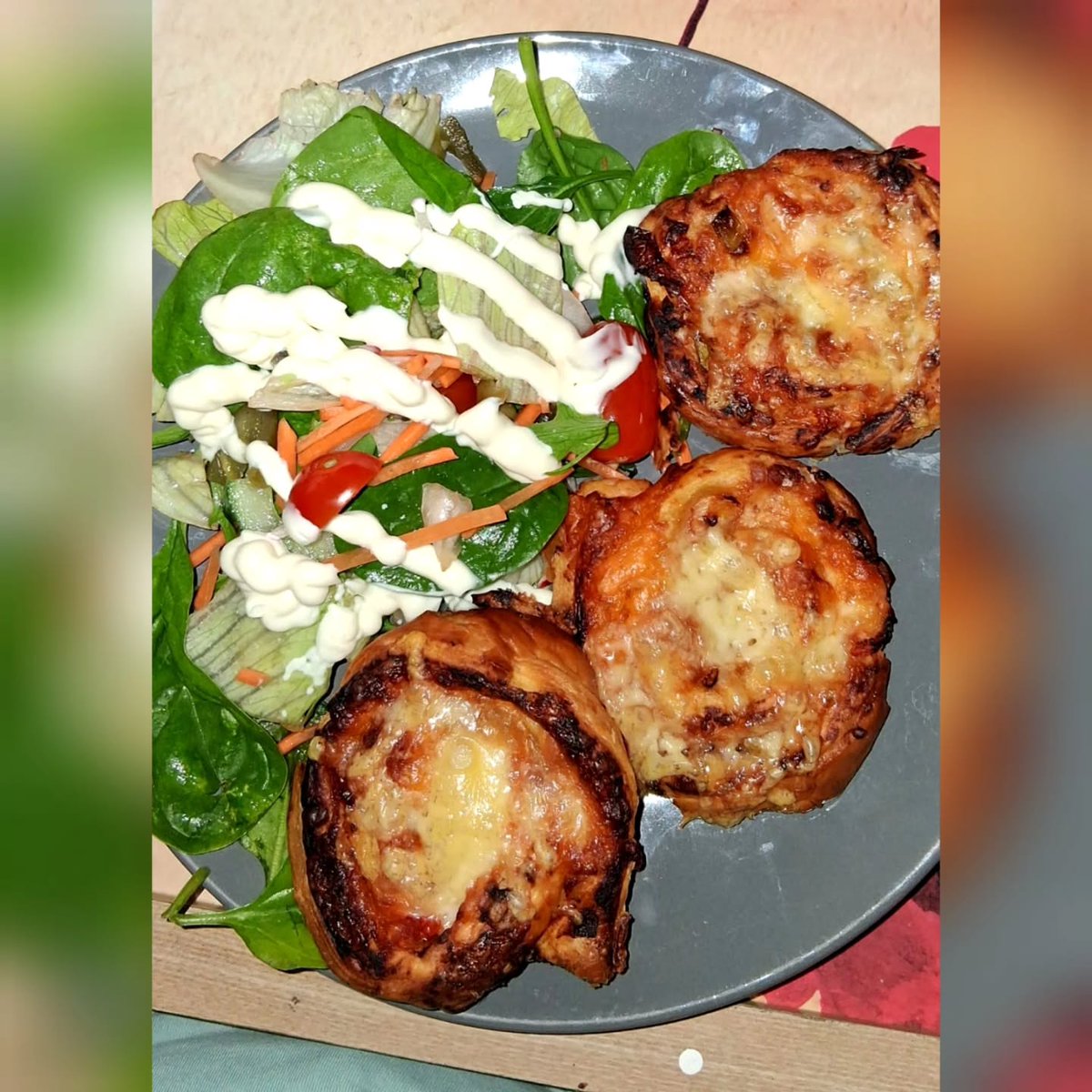 WilliamHelf0c's tweet photo. Pizza pinwheels with extra cheese, served alongside a ready-made salad with mayonnaise. A super simple, low-effort lunch! We rarely buy ready-made salads, but with the seasons changing, buying lots of fresh salad seemed wasteful. Pastry: Jus-Rol https://t.co/E9brTP9ADr
