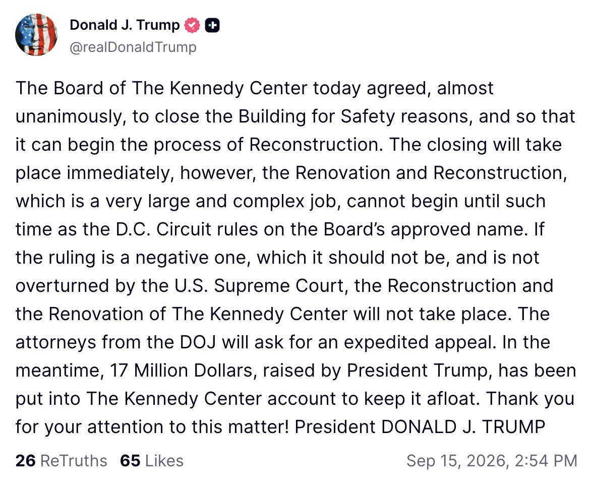 kaitlancollins's tweet photo. Trump says the Kennedy Center will close "immediately." https://t.co/OEtU0MczYw
