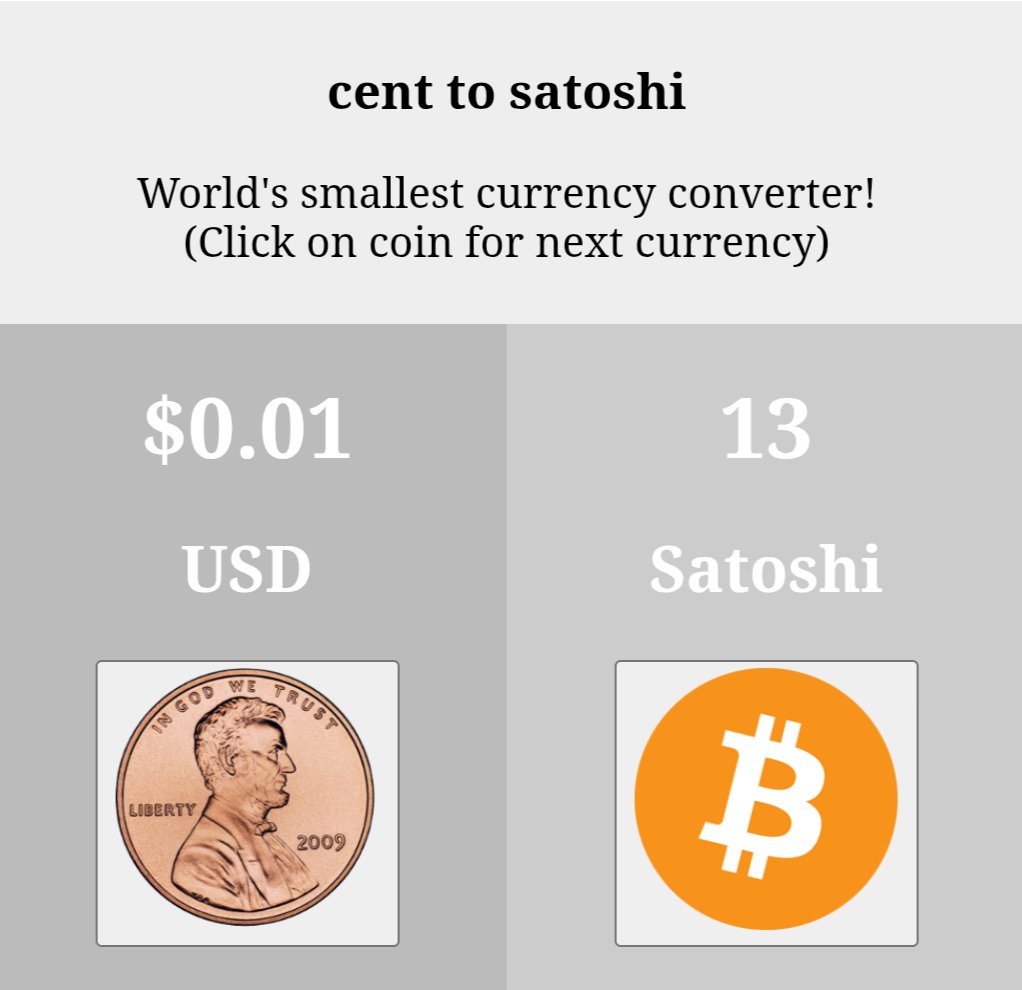 cent2sat's tweet photo. 13 sats/¢
Still the world’s smallest converter
#Bitcoin https://t.co/ail4IqDIJV