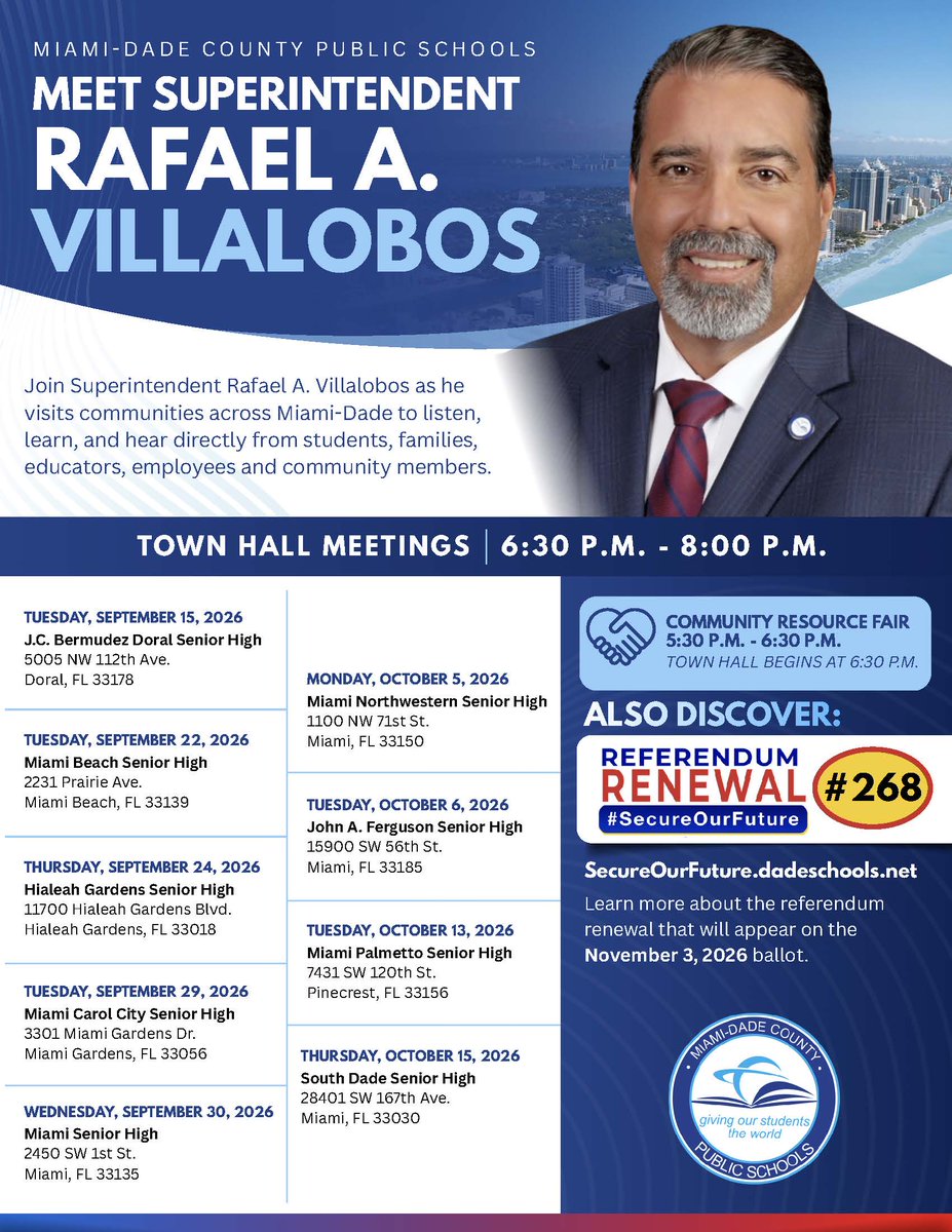 MiamiSupt's tweet photo. Join me tonight at J.C. Bermudez Doral Senior High to share your perspective and hear more about the future of @MDCPS. Our community resource fair starts at 5:30 p.m., followed by a town hall meeting from 6:30 to 8 p.m. https://t.co/iw9dWAjq97
