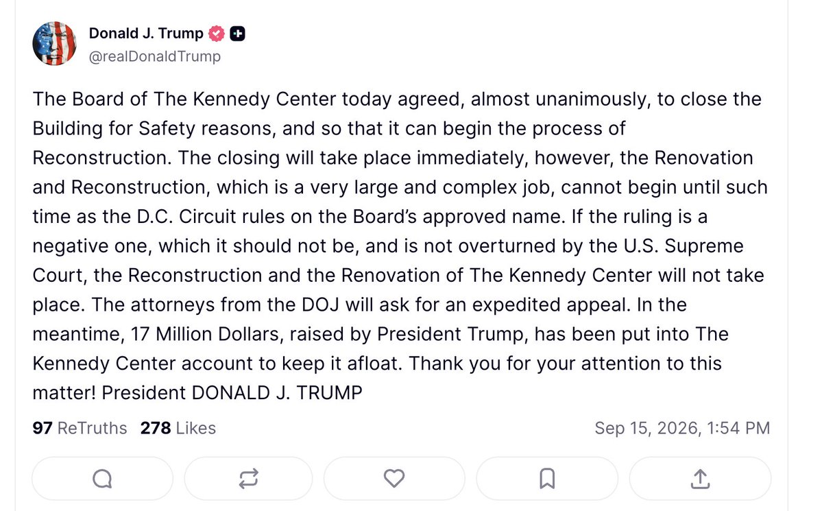 atrupar's tweet photo. and there it is -- Trump says that if the Supreme Court doesn't allow him to put his name on the Kennedy Center then it will close down for good https://t.co/SQituLtTFi