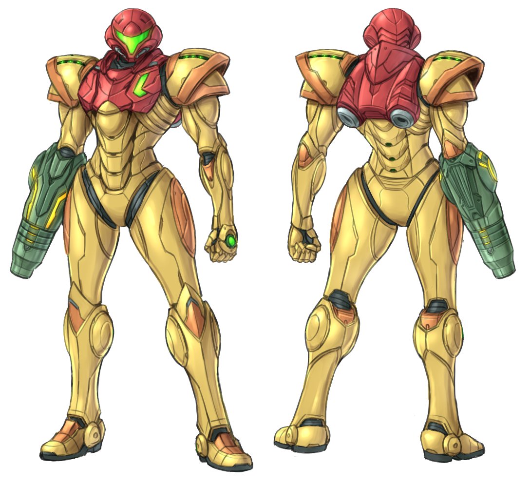 Noababoa's tweet photo. I have now finished making new concept art designs for all three of Samus's original suit variants! Now all that's left is to do final tweaks and finish modeling them in blender! #metroid https://t.co/h0JWifAQpE