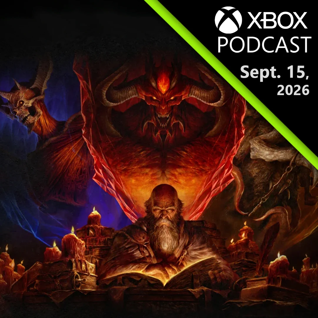 Promotional graphic for the XBOX Podcast on September 15, 2026 featuring Diablo imagery. A bearded man reads an open book surrounded by candles, with a large red demon creature behind him.