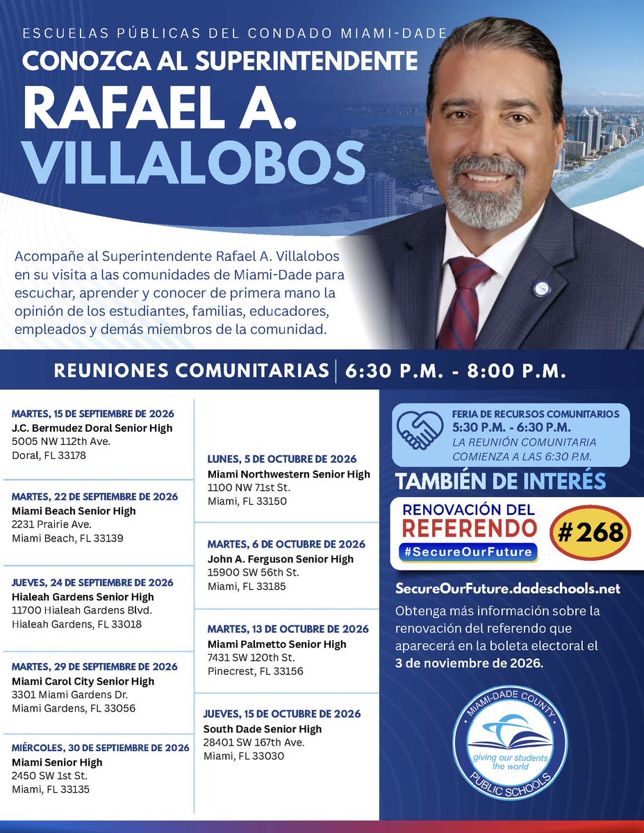 MiamiSupt's tweet photo. Join me tonight at J.C. Bermudez Doral Senior High to share your perspective and hear more about the future of @MDCPS. Our community resource fair starts at 5:30 p.m., followed by a town hall meeting from 6:30 to 8 p.m. https://t.co/iw9dWAjq97
