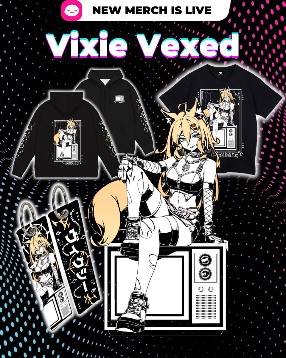 vixievexed's tweet photo. [ NEW MERCH ]

To celebrate my very FIRST con, @shopuwumarket and I have put together a merch drop for you all!!

DEMON ON THE WIRE!

T-shirt, jet tag, and the brand new ZIP-UP HOODIE!! And yes, the katakana does say Vixie😌

A special thank you to @uwumarketaquill as well!!

👇 https://t.co/QtXkxFHNZ1
