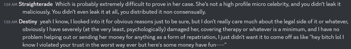 Capricious_Wood's tweet photo. @greatsunjester9 @0wlishness @denaltb @neocounterconor @TheOmniLiberal @hasanthehun You are lying.
If Destiny had her consent, why did he feel like he had betrayed her trust in the worst way ever? Why did he feel like he had caused her severe psychological damage? https://t.co/dnPKpabPPu