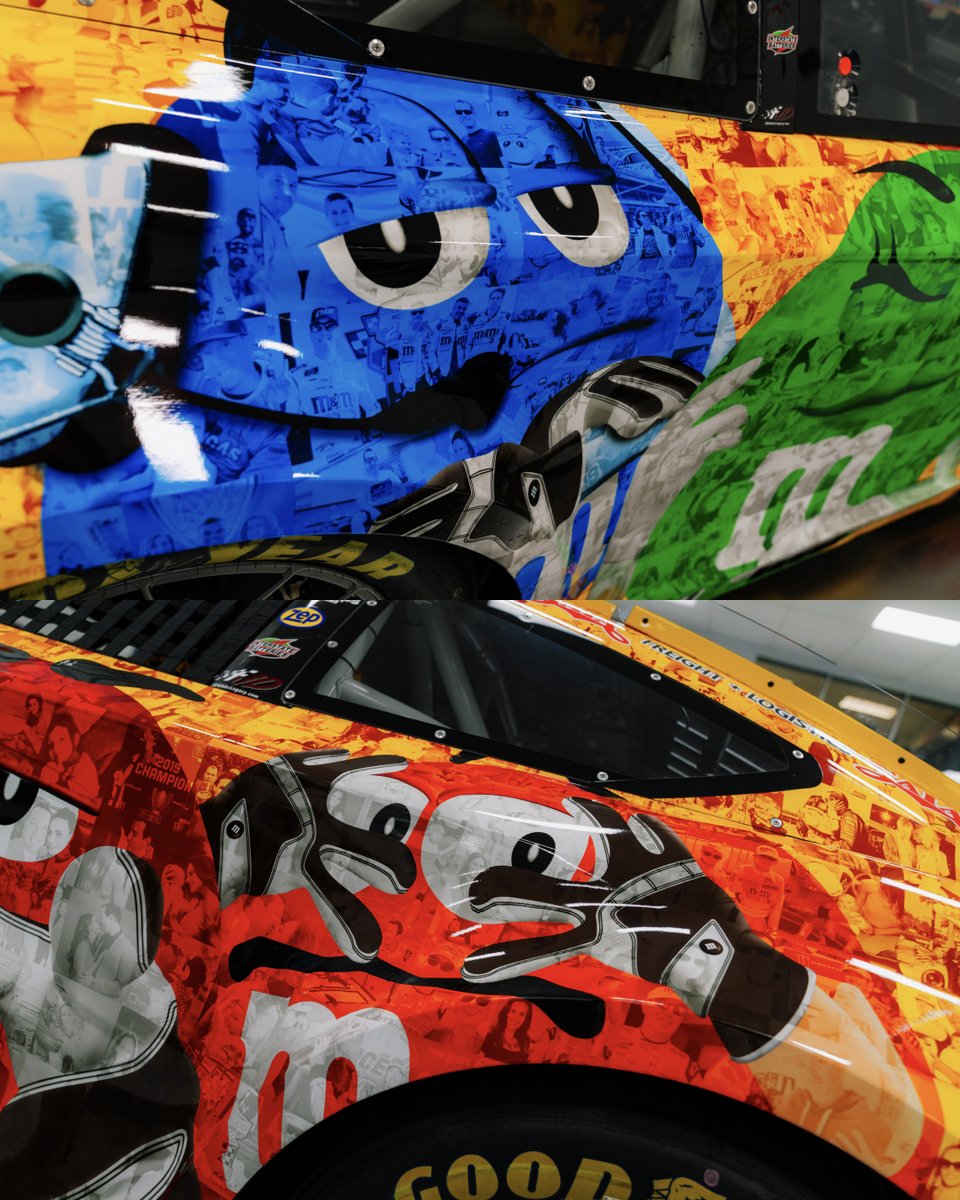 JoeGibbsRacing's tweet photo. As we prepare to head to Bristol for a special weekend honoring Kyle Busch, we wanted to give those closest to him the first opportunity to see the M&M’S tribute car up close. The scheme contains a mosaic of photos that capture Kyle’s life as husband, father, championship-winning NASCAR driver, and friend.