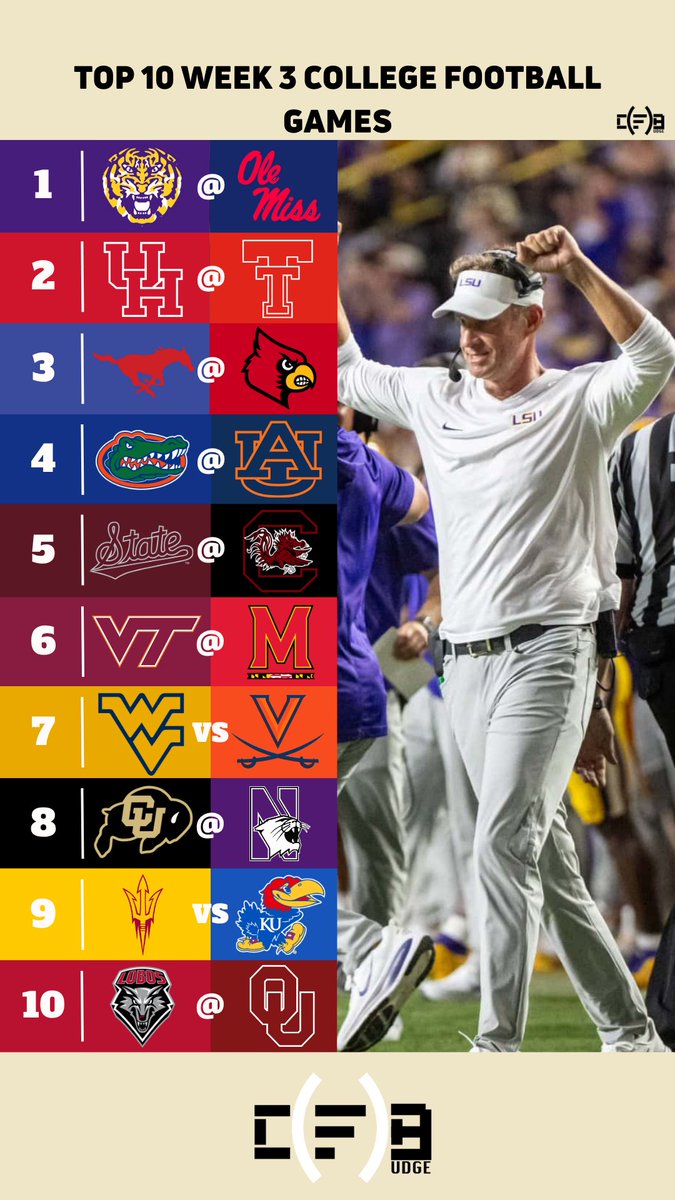 CF_Budge's tweet photo. Here are the Top 10 College Football Games of Week 3.

Which of these matchups are you most excited for? https://t.co/zbMbLFNGty