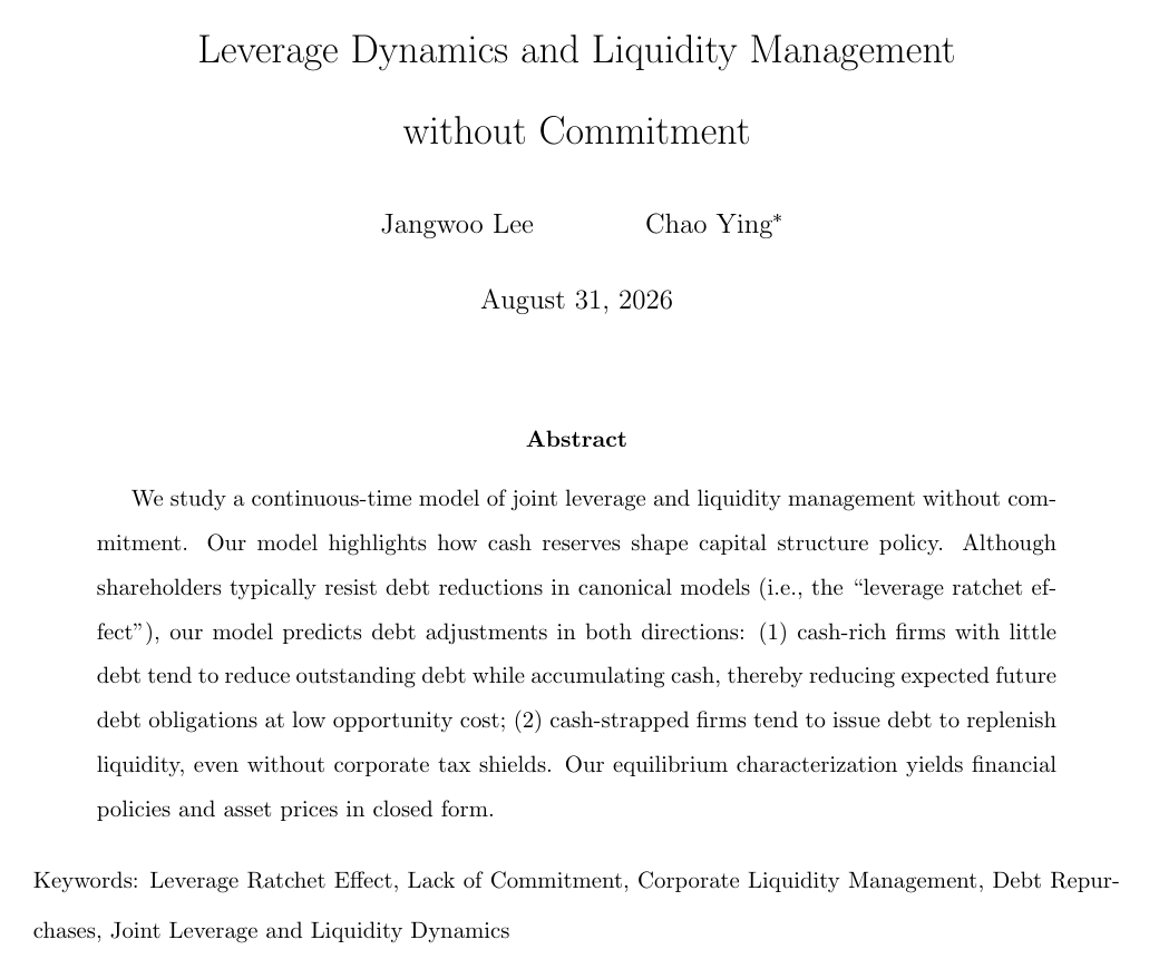 FinanceTheory's tweet photo. Liquidity management is closely intertwined with leverage policy. How do firms decide how much debt to carry and cash to hold? Jangwoo Lee and Chao Ying model these choices when shareholders cannot commit to future financing decisions https://t.co/fXYTmuKlVP
