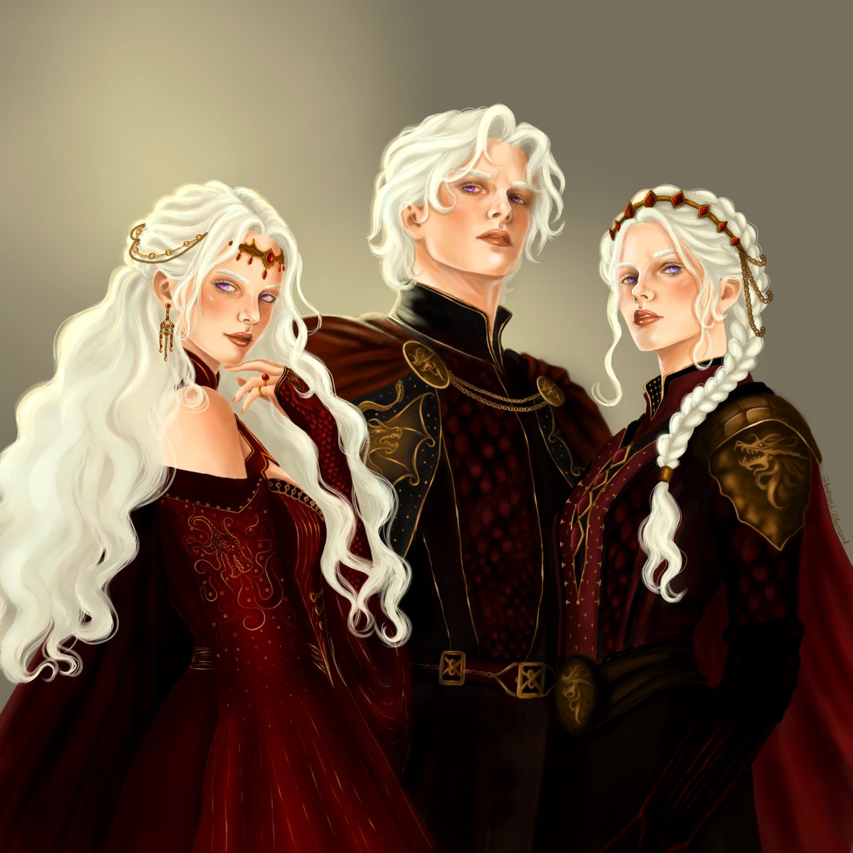darkeyer2's tweet photo. The Conquerors - Rhaenys, Aegon and Visenya Targaryen
#hotd #asoiaf #gameothrones #fanart #theconquest #targaryen https://t.co/mkyKpxk8Su
