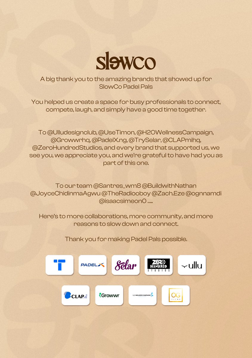 joinSlowCo's tweet photo. Hello #Wiseone🐢 the padelpals🎾 event and tournament was a blast!

Pictures and videos would be shared but first let’s give honor to whom honor is due; our team and partners: @usetimon @tryselar @Clapmihq @GrowwrHQ @h2Owellnesscampaign @0100studios PadelX &amp; Ullu, thank you all! https://t.co/nLKL97VBuK