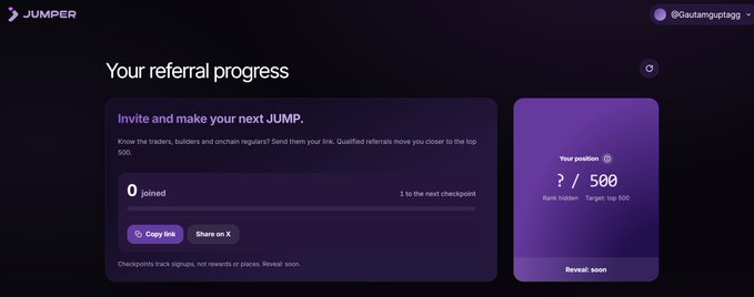 ct_tushar's tweet photo. Don’t Miss the @jumperapp 

Waitlist - Top 500 May Get a Surprise

Join the Jumper waitlist and secure your spot in the Top 500 for a potential free reward.

Steps:

1. Visit the Jumper Waitlist website → Connect your X account:
https://
https://t.co/zJJqDn4wYa

2. Complete the account check and invite friends to increase your position

⚠️ Nothing is guaranteed, but I think the Top 500 could potentially receive NFTs or an airdrop or priority in upcoming sale allocation.

Worth trying if you don’t want to miss the opportunity.

Join me on the Jumper waitlist. https://t.co/Oc99WPMKY7 

Drop your referral link in the comments or in this group: https://t.co/u4SMHEgTru