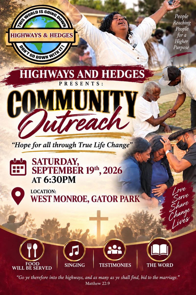 HWHORG_'s tweet photo. Join Highways &amp; Hedges for an evening of outreach.

📍 West Monroe, Gator Park 📅 Saturday, September 19, 2026 ⏰ 6:30 PM

Go ye therefore into the highways, and as many as ye shall find, bid to the marriage. -Matthew 22:9 (KJV) https://t.co/UIU6DgY1aO