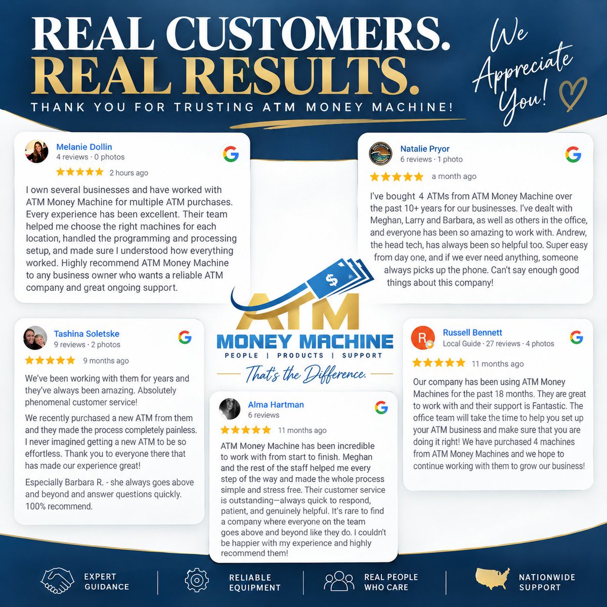 ATMMoneyMach's tweet photo. Nothing means more than hearing from our customers! ⭐️⭐️⭐️⭐️⭐️ Nearly 30 years in business, and we’re incredibly grateful for every customer who continues to trust ATM Money Machine. 💙💛 #ATMMoneyMachine #ATMBusiness https://t.co/3WYp61YdMN