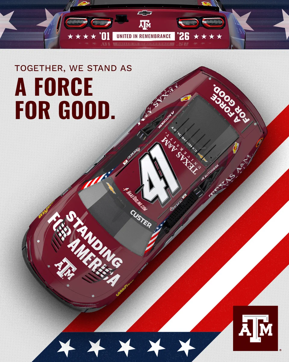 This image shows a maroon race car with white text, including "Standing For America" and "Texas A&M." A graphic with stars and stripes is in the background. The text reads, "Together, we stand as a force for good." The Texas A&M logo is visible.